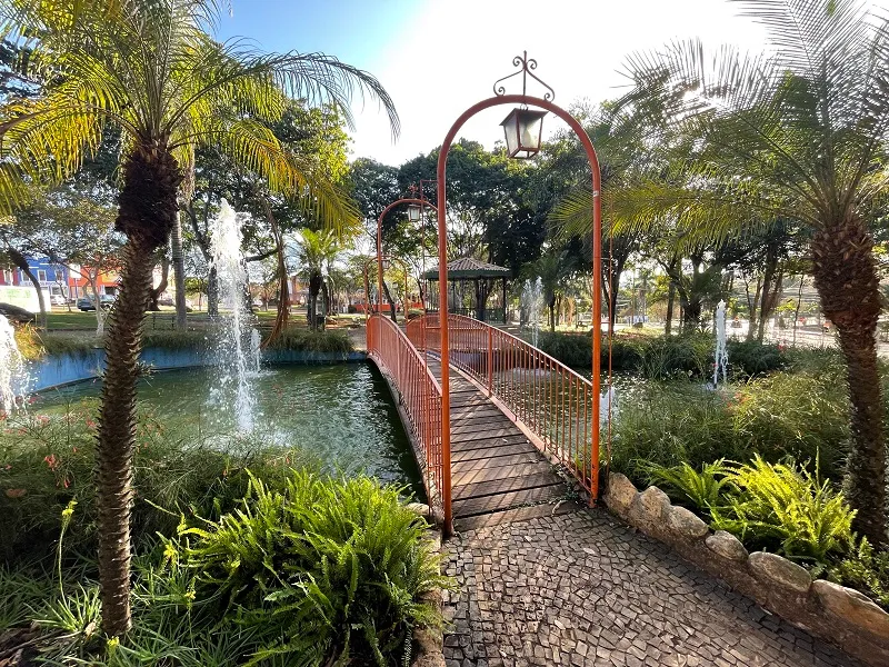 Praça dos Coqueiros, cercada de coqueiros, em frente ao Parque Van Gogh, em Holambra — City Tour CHM Transportes